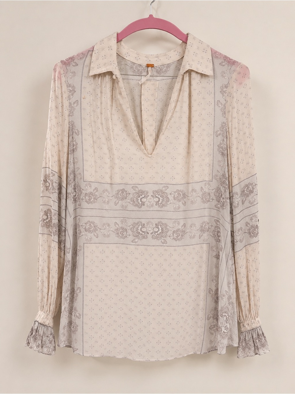 Free People Boho Floral Print Long Sleeve Blouse Cream Gray Small